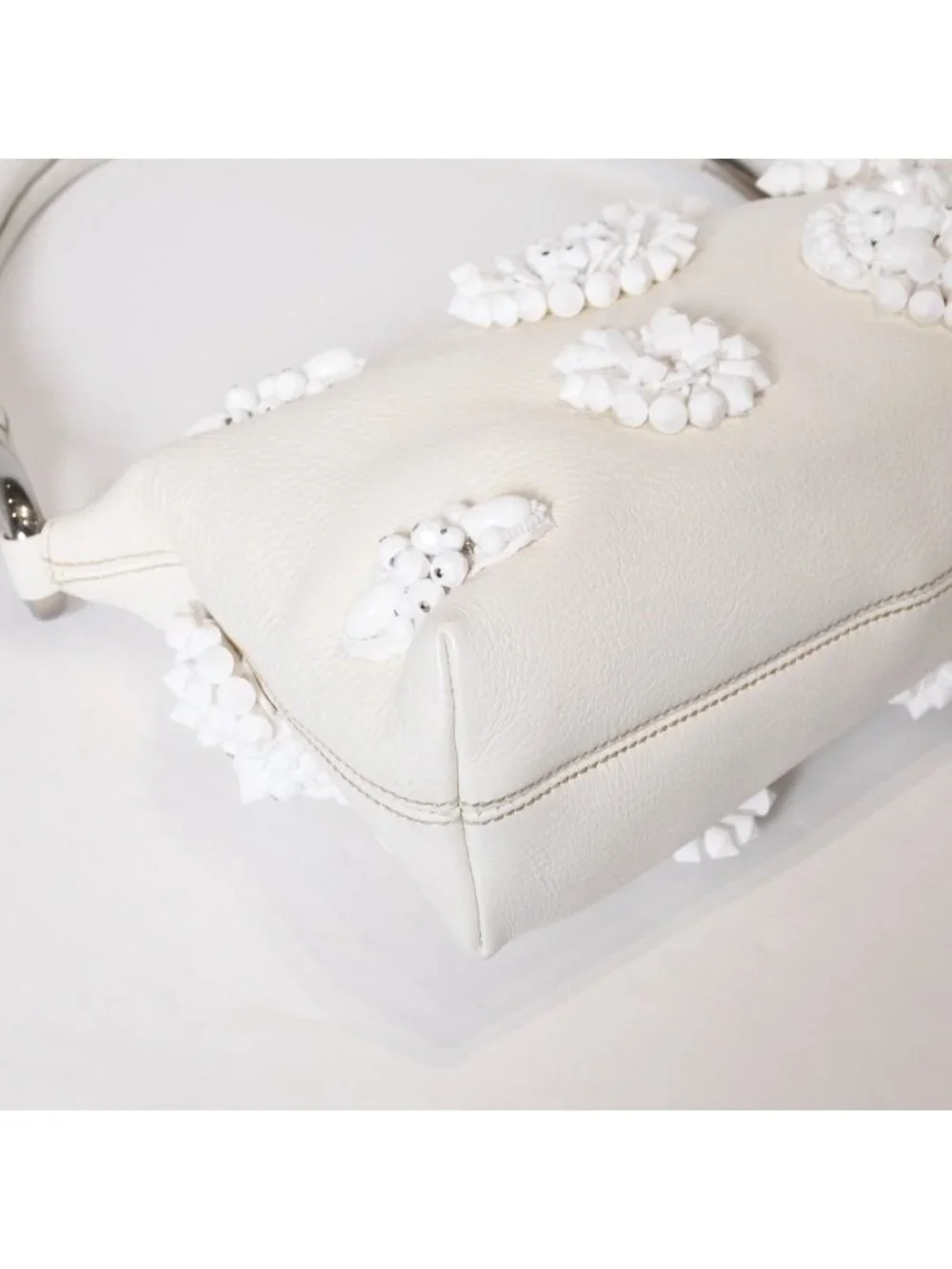 Prada Hobo Handbag Beads Leather White